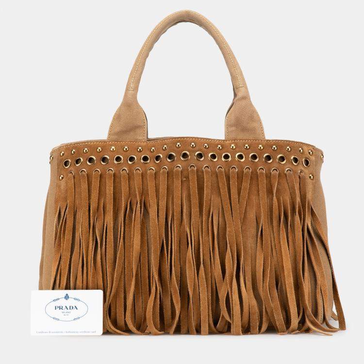 مملوكة مسبقًا Prada Brown Canvas Canapa Fringe Satchel