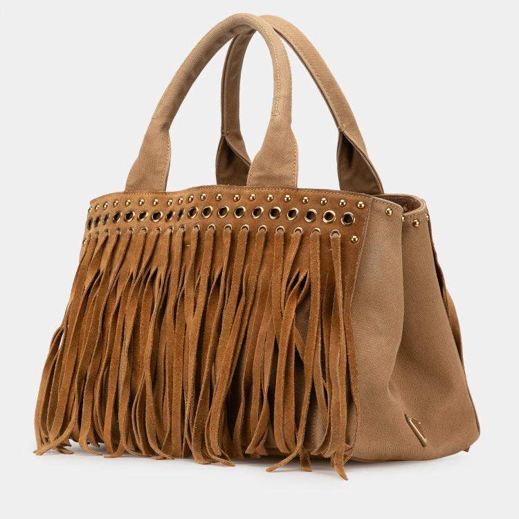 مملوكة مسبقًا Prada Brown Canvas Canapa Fringe Satchel