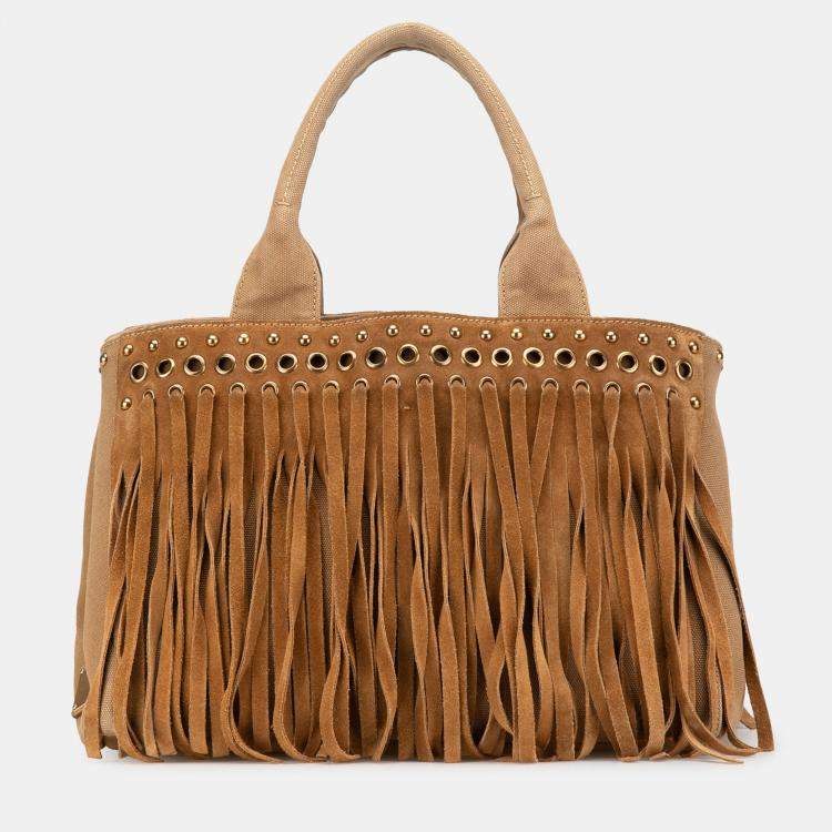 مملوكة مسبقًا Prada Brown Canvas Canapa Fringe Satchel
