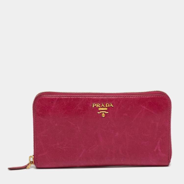 Pre Owned Prada Zip Pink Vitello Shine Leather Continental Wallet