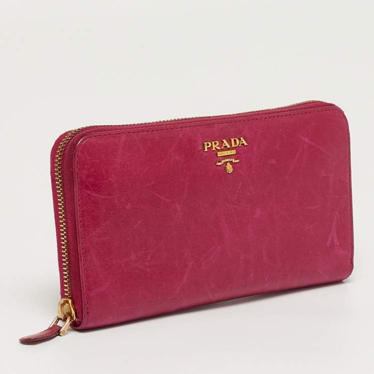 Pre Owned Prada Zip Pink Vitello Shine Leather Continental Wallet