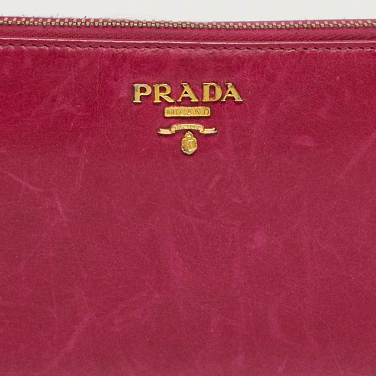 Pre Owned Prada Zip Pink Vitello Shine Leather Continental Wallet