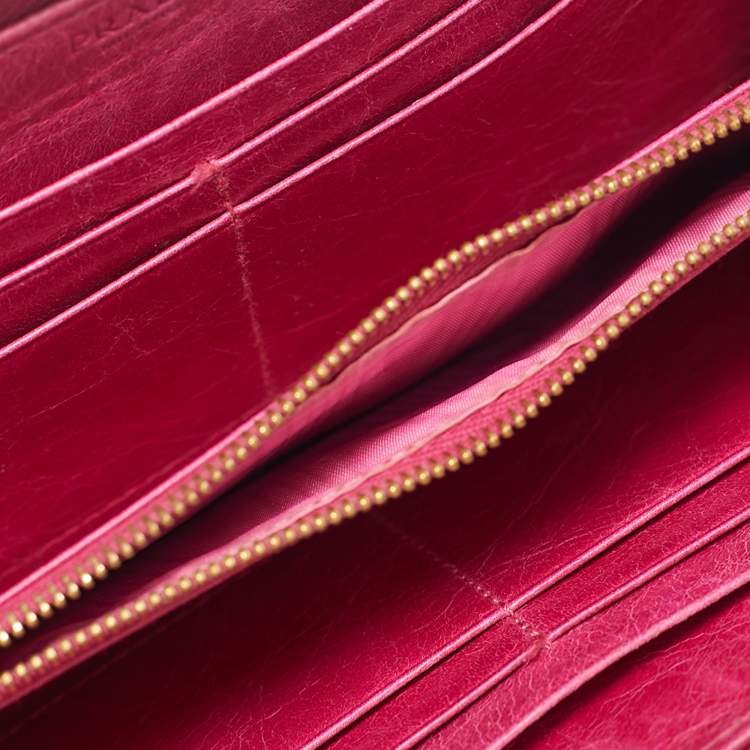 Pre Owned Prada Zip Pink Vitello Shine Leather Continental Wallet