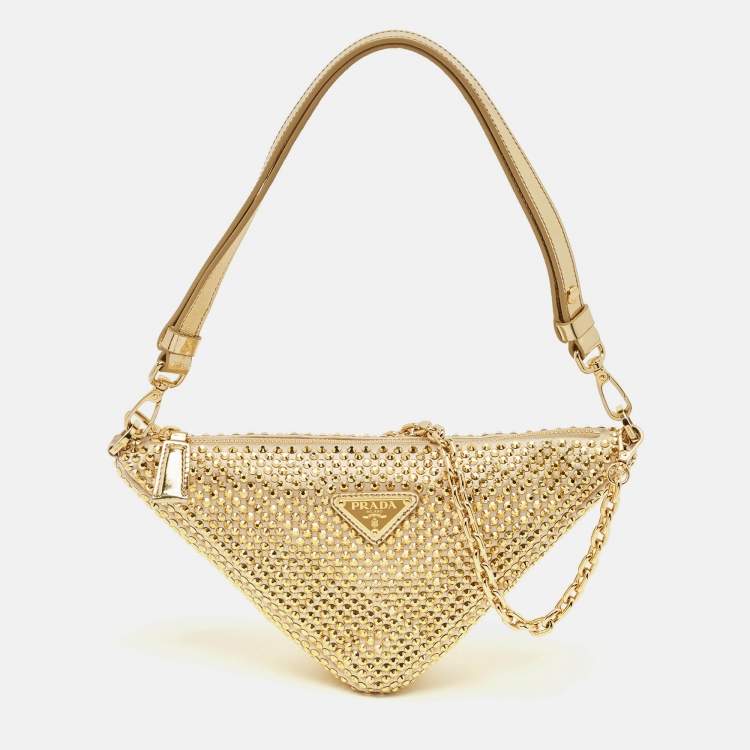 Pre Owned Prada Triangle Gold Crystal Studded Satin Shoulder Bag