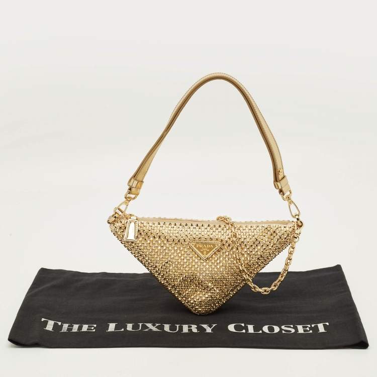 Pre Owned Prada Triangle Gold Crystal Studded Satin Shoulder Bag
