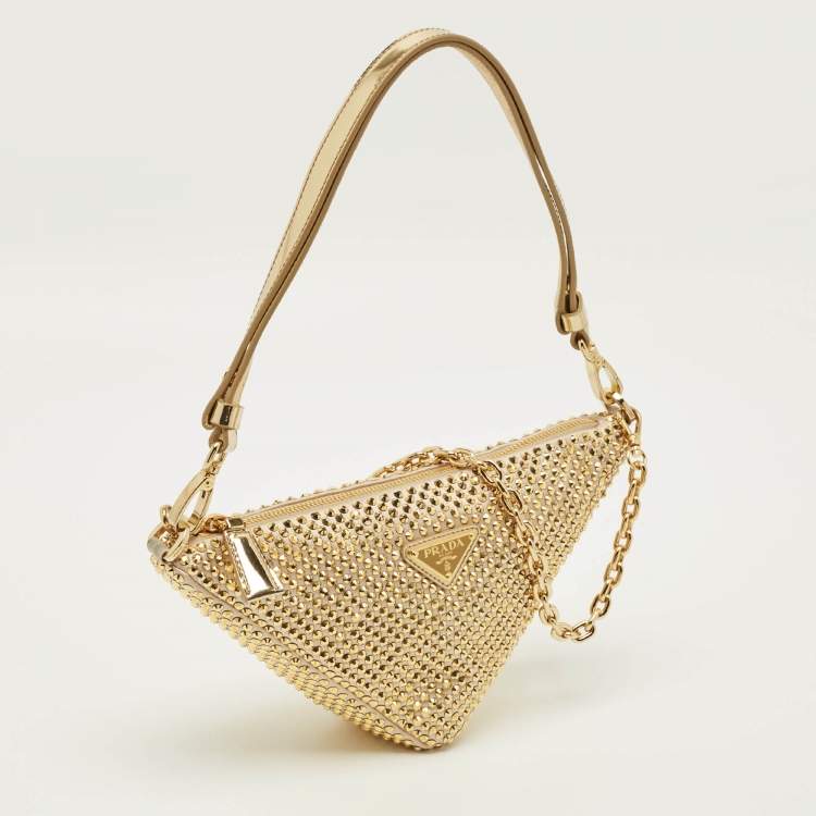 Pre Owned Prada Triangle Gold Crystal Studded Satin Shoulder Bag