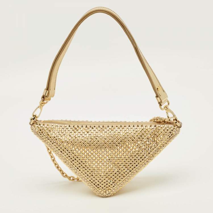 Pre Owned Prada Triangle Gold Crystal Studded Satin Shoulder Bag