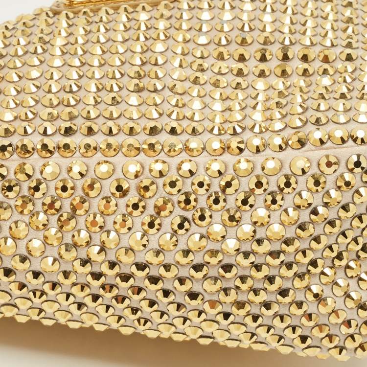 Pre Owned Prada Triangle Gold Crystal Studded Satin Shoulder Bag