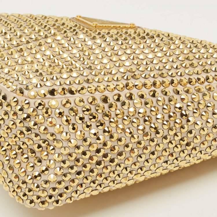 Pre Owned Prada Triangle Gold Crystal Studded Satin Shoulder Bag