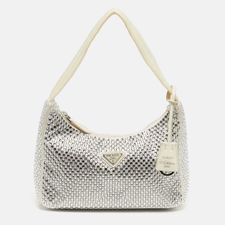 Pre Owned Prada Re-Edition 2000 Crystal Studded White Satin Shoulder Bag