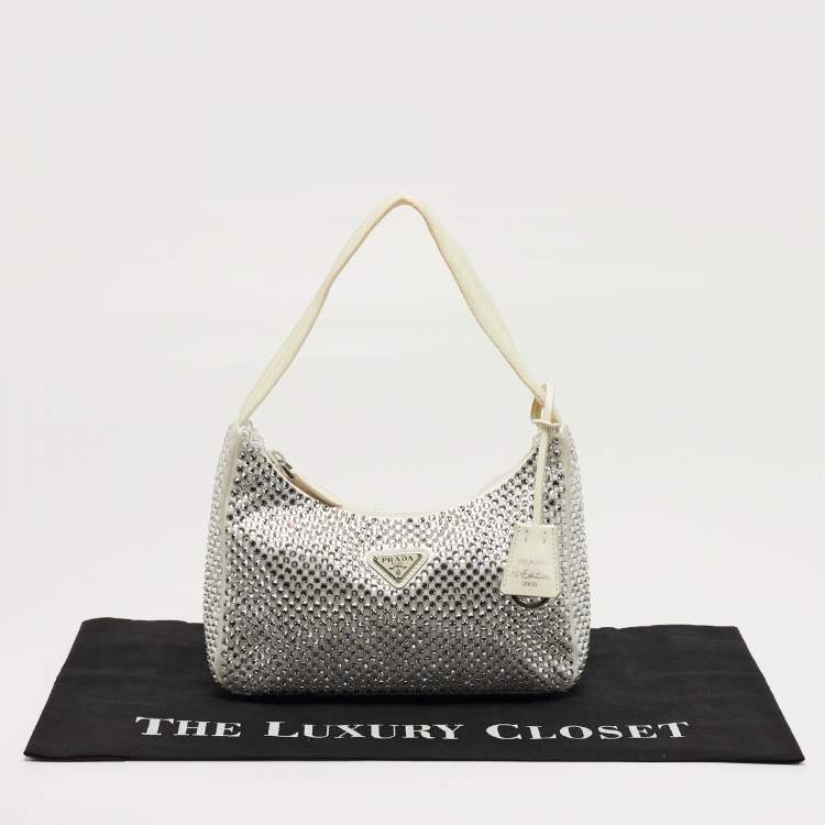 Pre Owned Prada Re-Edition 2000 Crystal Studded White Satin Shoulder Bag