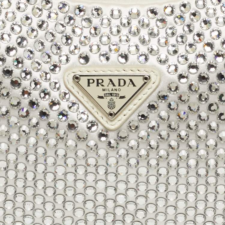 Pre Owned Prada Re-Edition 2000 Crystal Studded White Satin Shoulder Bag
