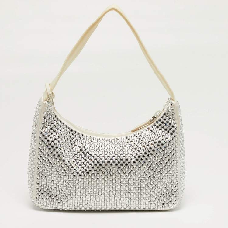 Pre Owned Prada Re-Edition 2000 Crystal Studded White Satin Shoulder Bag