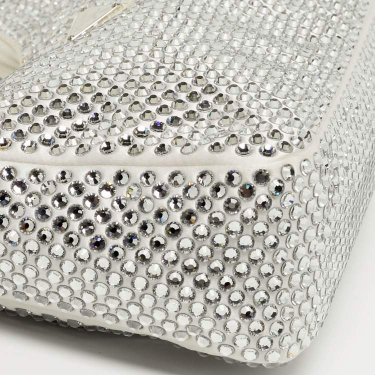 Pre Owned Prada Re-Edition 2000 Crystal Studded White Satin Shoulder Bag