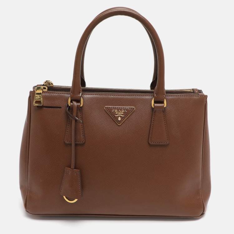 Pre Owned Prada Galleria Double Zip Small Brown Saffiano Lux Leather Tote