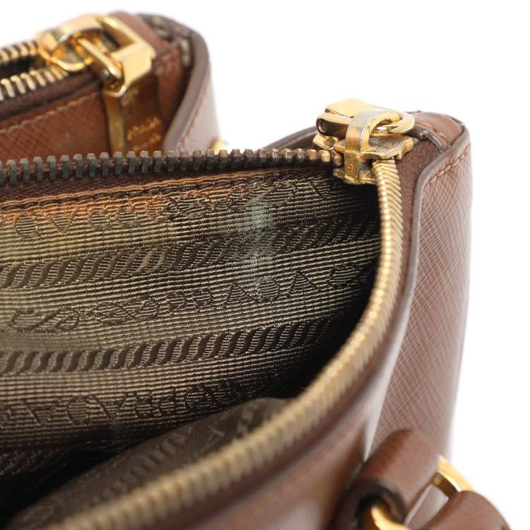 Pre Owned Prada Galleria Double Zip Small Brown Saffiano Lux Leather Tote