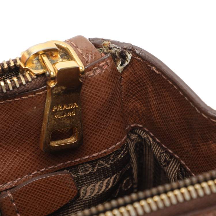 Pre Owned Prada Galleria Double Zip Small Brown Saffiano Lux Leather Tote