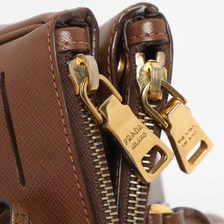 Pre Owned Prada Galleria Double Zip Small Brown Saffiano Lux Leather Tote