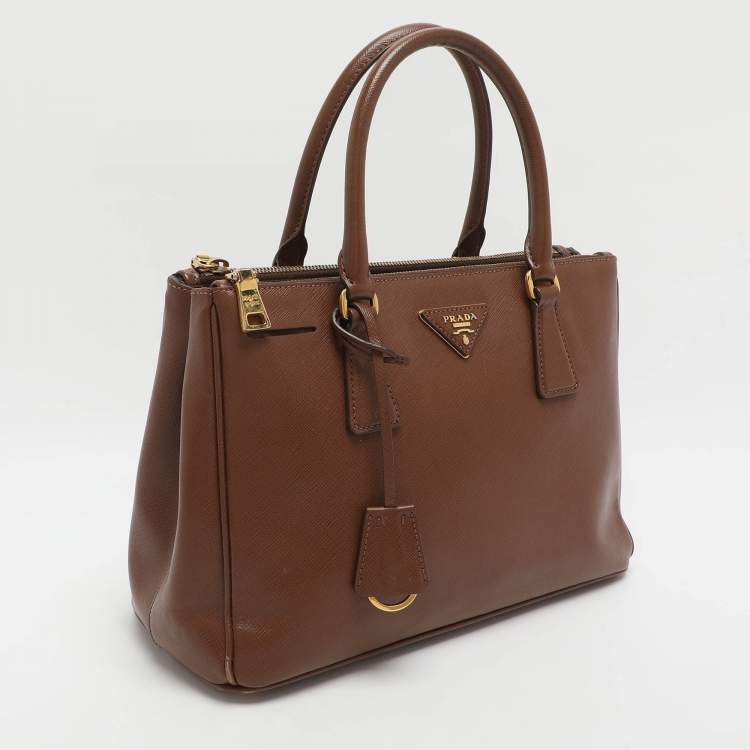 Pre Owned Prada Galleria Double Zip Small Brown Saffiano Lux Leather Tote