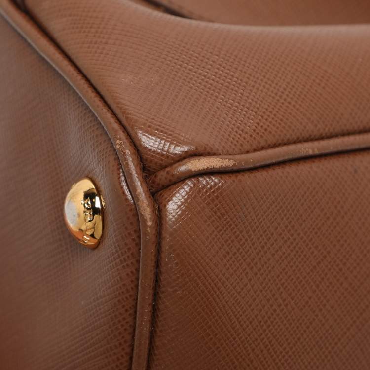 Pre Owned Prada Galleria Double Zip Small Brown Saffiano Lux Leather Tote
