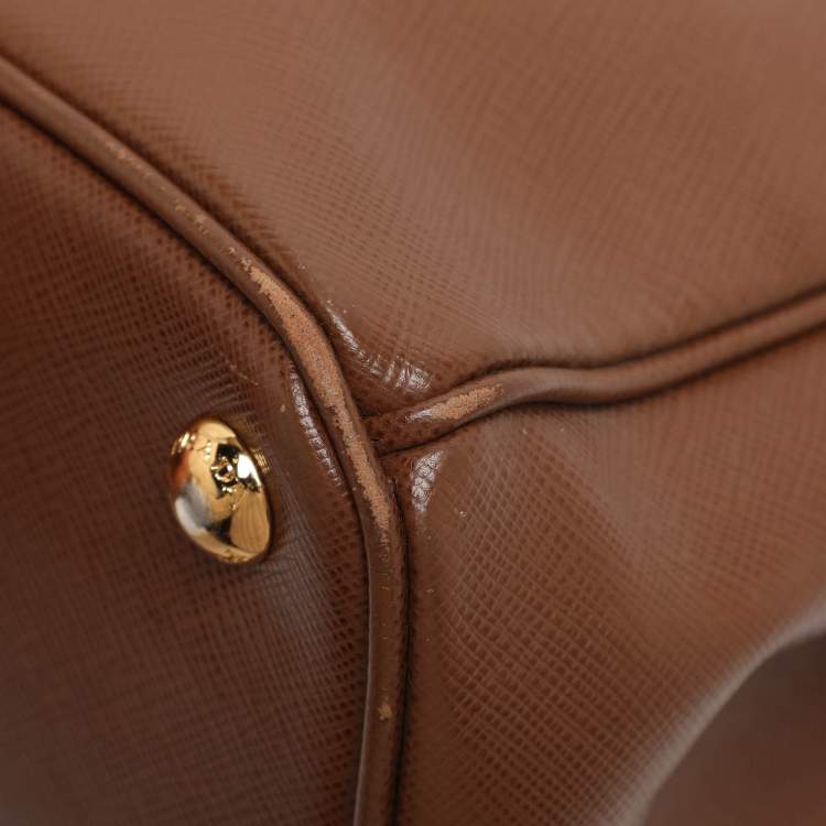 Pre Owned Prada Galleria Double Zip Small Brown Saffiano Lux Leather Tote