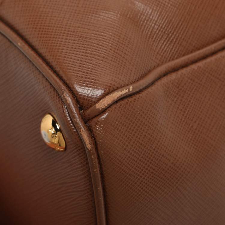 Pre Owned Prada Galleria Double Zip Small Brown Saffiano Lux Leather Tote