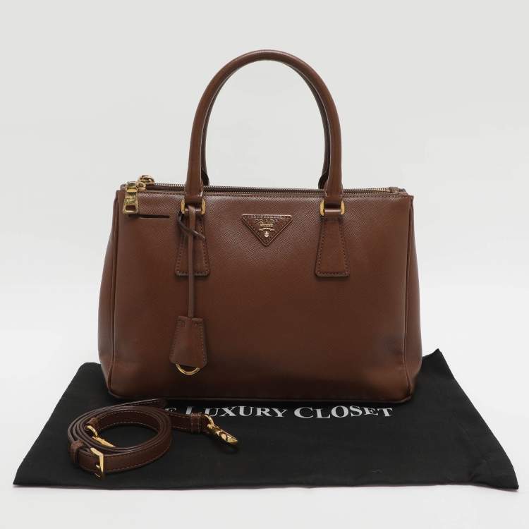 Pre Owned Prada Galleria Double Zip Small Brown Saffiano Lux Leather Tote
