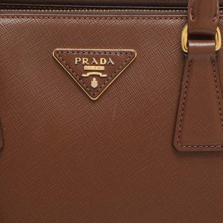 Pre Owned Prada Galleria Double Zip Small Brown Saffiano Lux Leather Tote