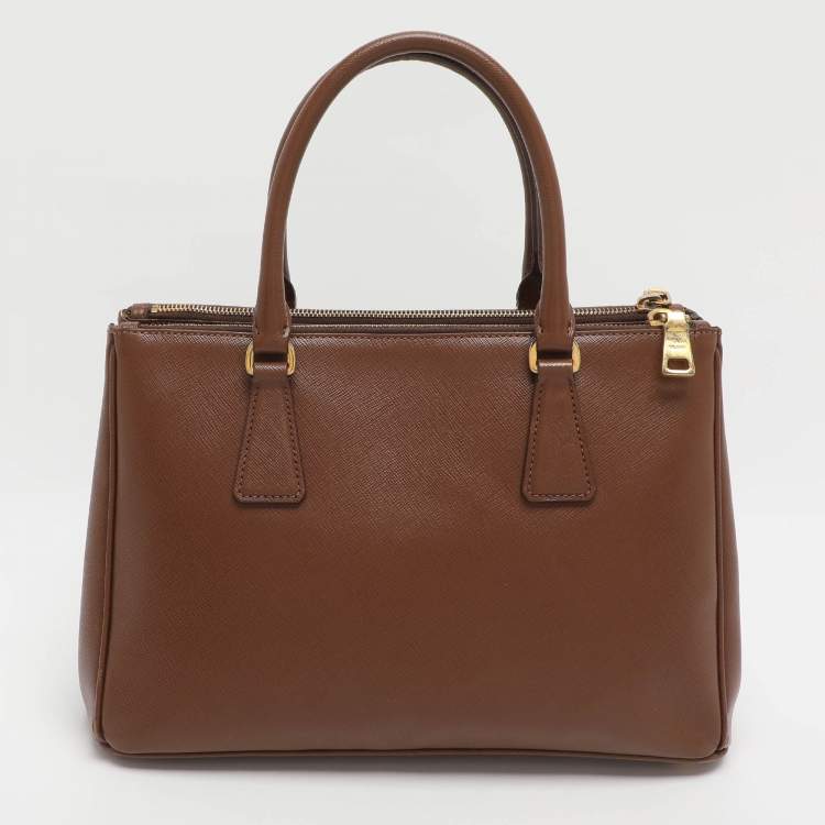 Pre Owned Prada Galleria Double Zip Small Brown Saffiano Lux Leather Tote