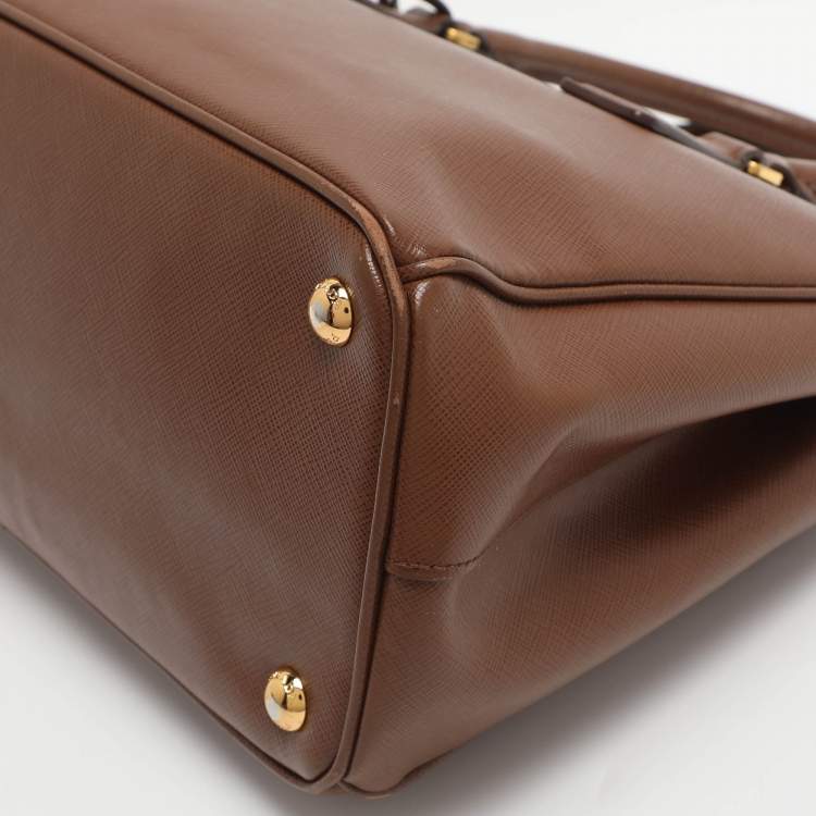 Pre Owned Prada Galleria Double Zip Small Brown Saffiano Lux Leather Tote