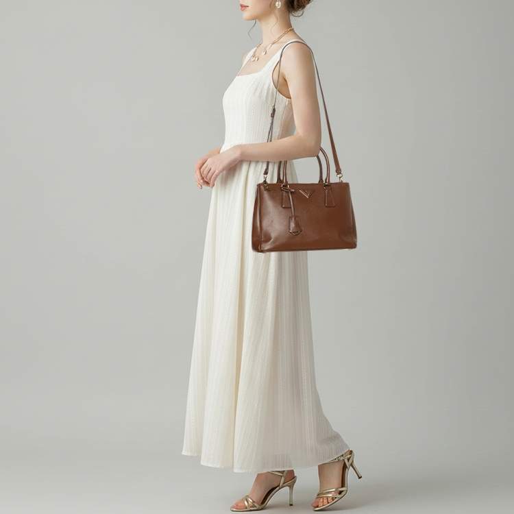 Pre Owned Prada Galleria Double Zip Small Brown Saffiano Lux Leather Tote