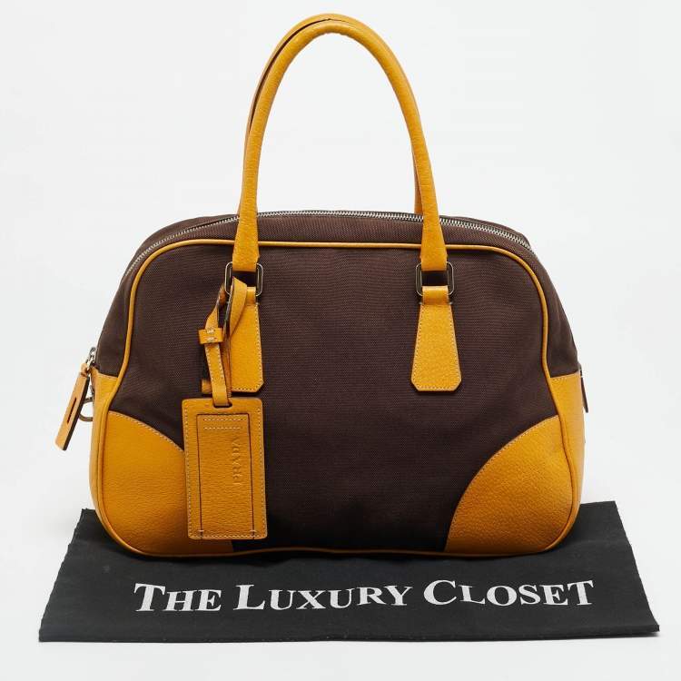 مملوكة مسبقًا Prada Dark Brown/Yellow Canvas and Leather Bowler Bag