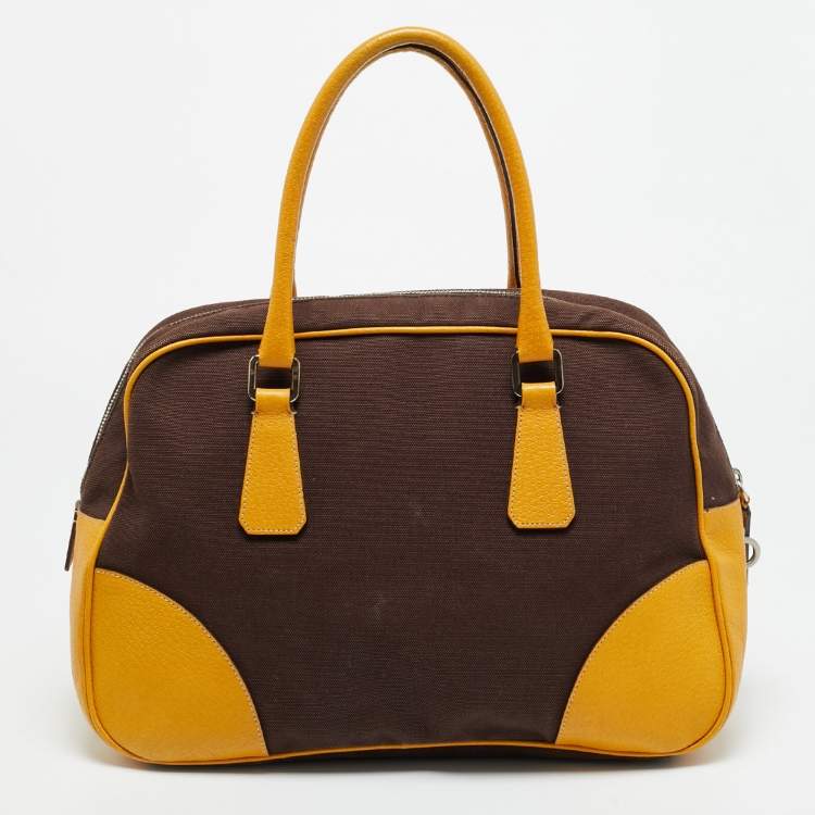 مملوكة مسبقًا Prada Dark Brown/Yellow Canvas and Leather Bowler Bag