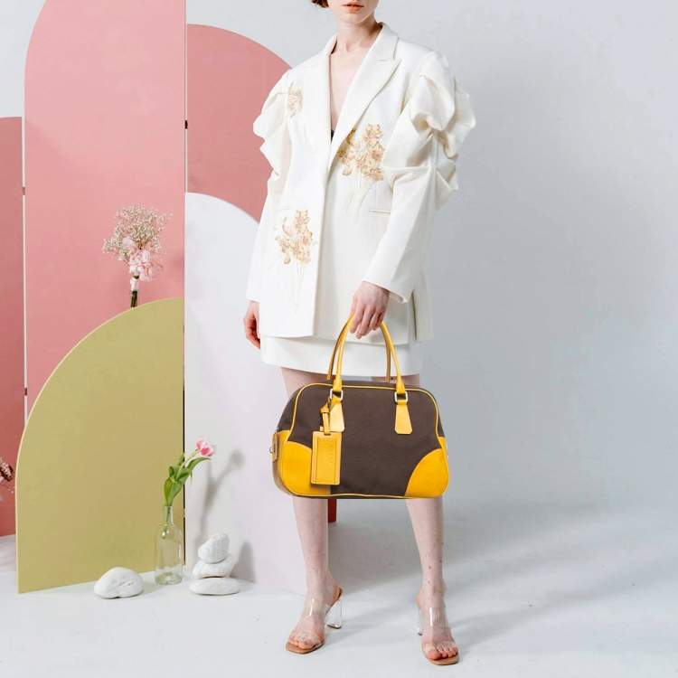 مملوكة مسبقًا Prada Dark Brown/Yellow Canvas and Leather Bowler Bag