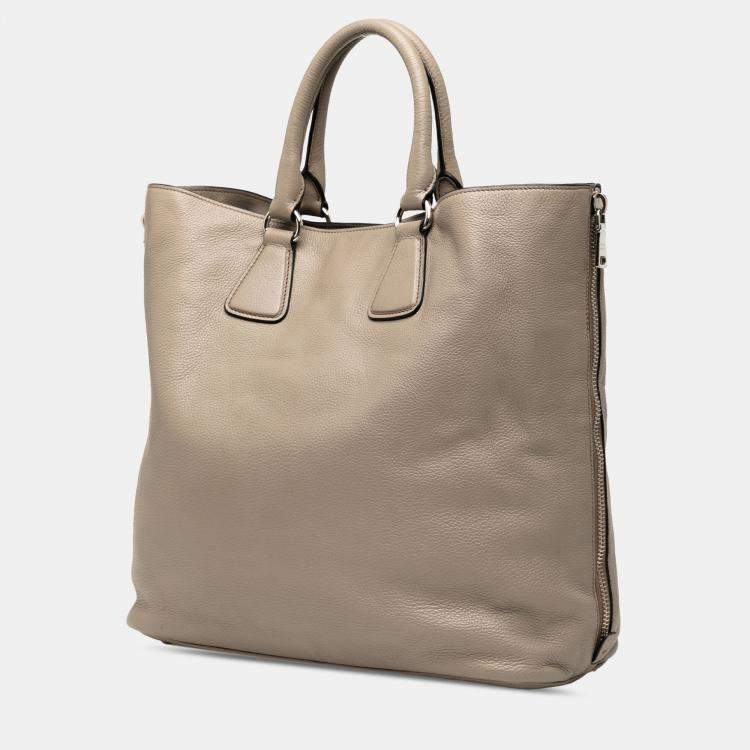 Pre Owned Prada Brown Vitello Daino Side Zip Convertible Tote