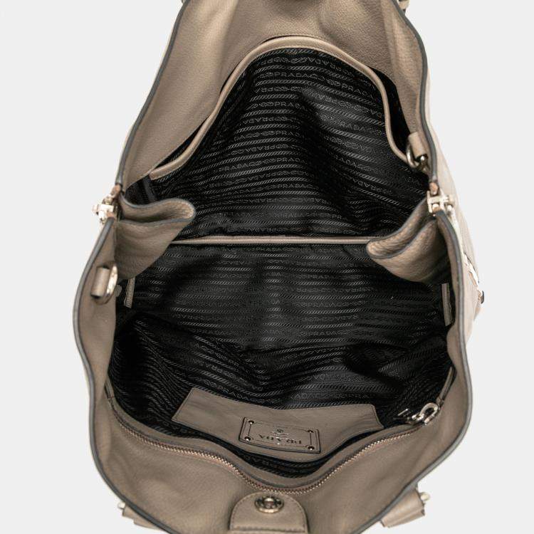 Pre Owned Prada Brown Vitello Daino Side Zip Convertible Tote