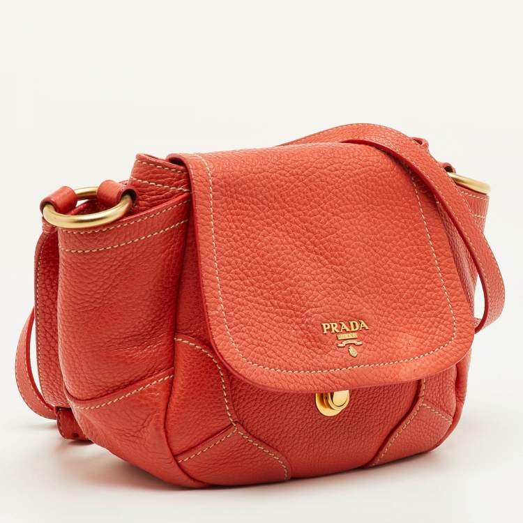 Pre Owned Prada Vitello Daino Orange Leather Lock Flap Shoulder Bag