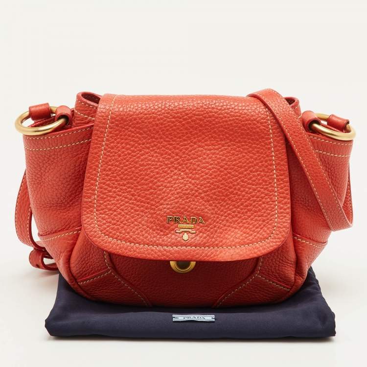 Pre Owned Prada Vitello Daino Orange Leather Lock Flap Shoulder Bag