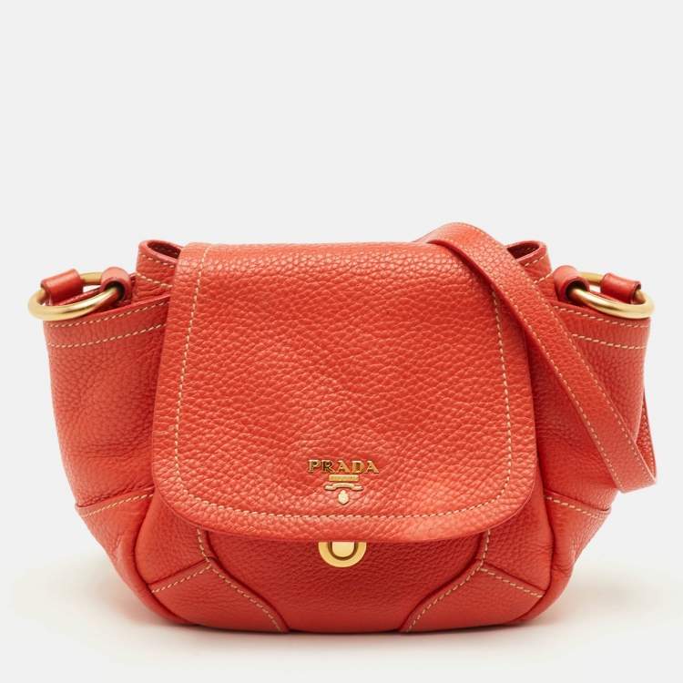 Pre Owned Prada Vitello Daino Orange Leather Lock Flap Shoulder Bag