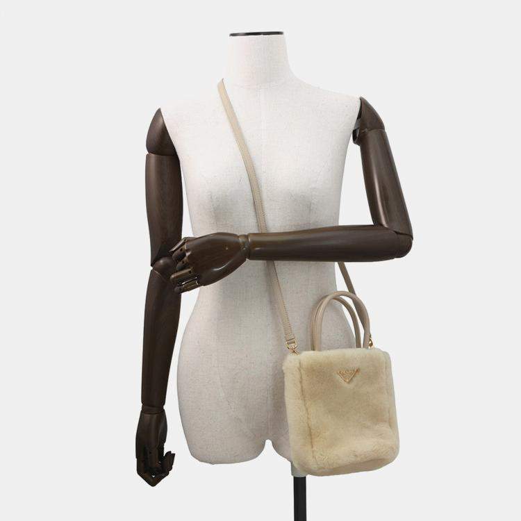 Pre Owned Prada 2Way Handbag Beige Sheepfur Leather