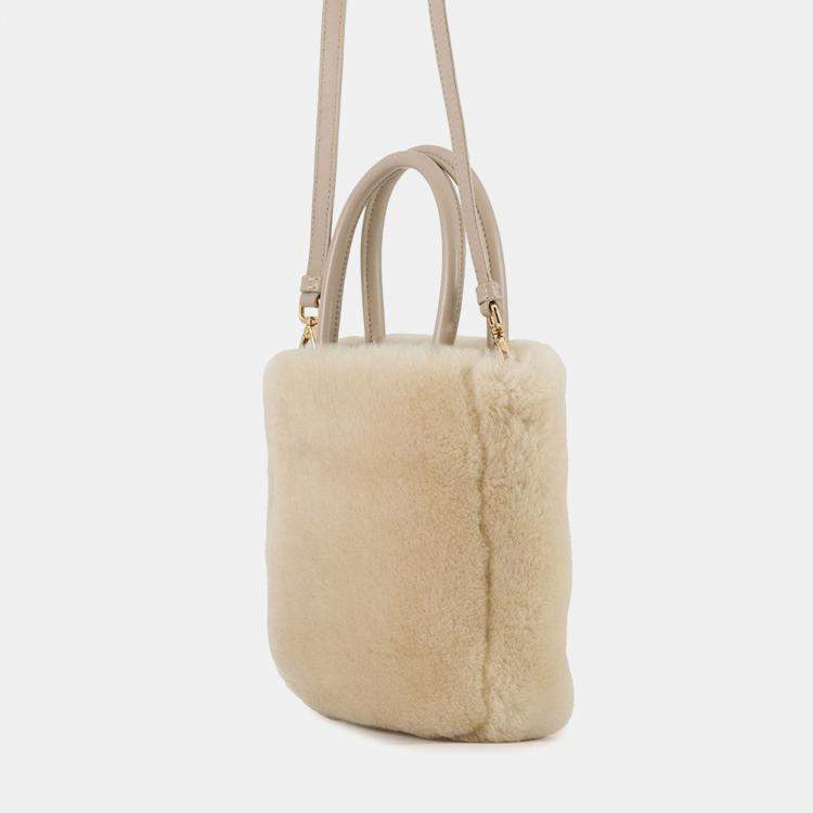 Pre Owned Prada 2Way Handbag Beige Sheepfur Leather