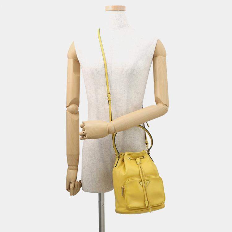 Pre Owned Prada Duet 2Way Bag Yellow Calf Leather Saffiano Leather 