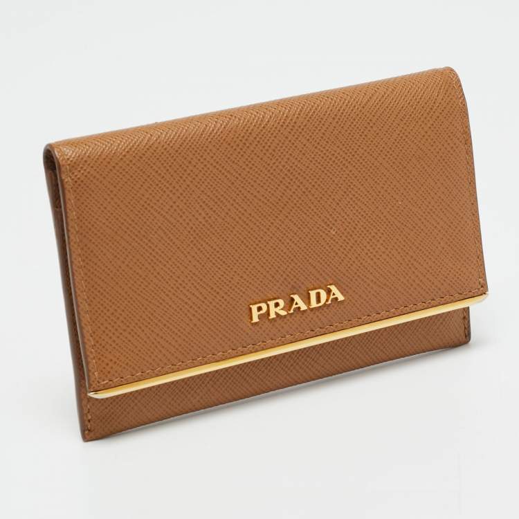 Pre Owned حامل بطاقات بغطاء جلد سافيانو بني برادا
