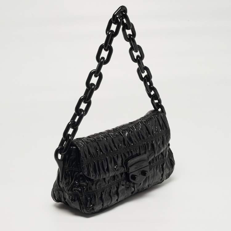 Pre Owned Prada Gaufre Black Gaufre Patent Leather Chain Shoulder Bag