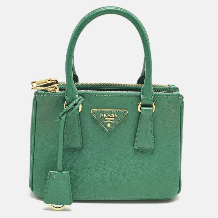 Pre Owned Prada Double Zip Mini Green Saffiano Lux Leather Tote