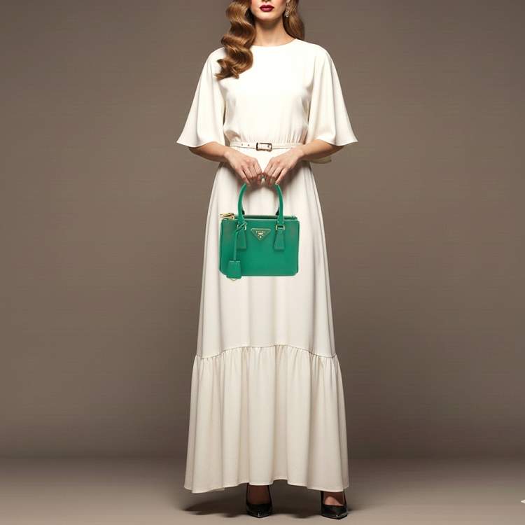 Pre Owned Prada Double Zip Mini Green Saffiano Lux Leather Tote