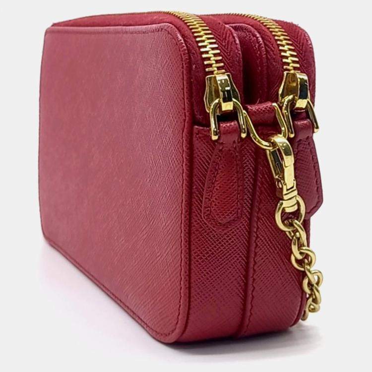 Pre Owned Prada Red Leather Saffiano Mini Chain Bag