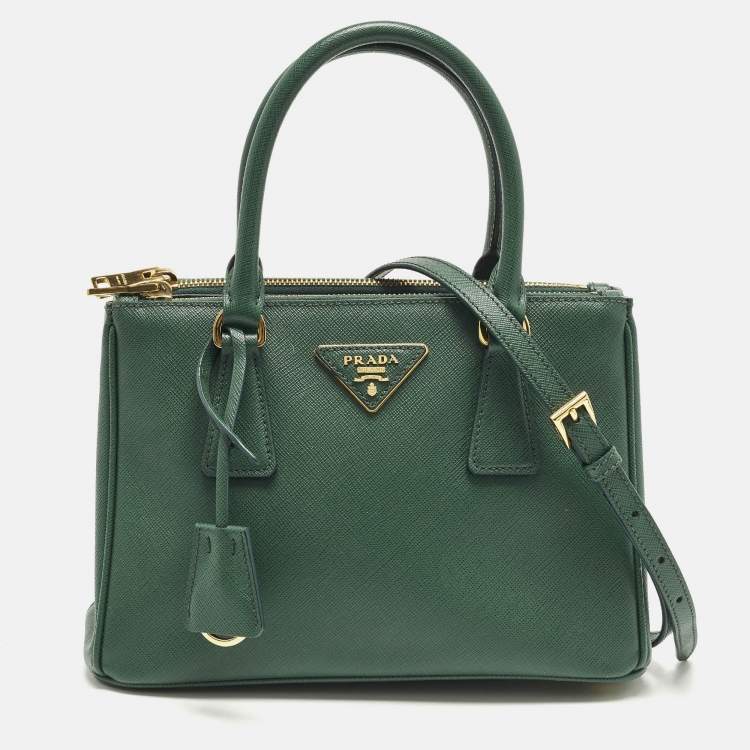 Pre Owned Prada Galleria Double Zip Small Green Saffiano Lux Leather Tote