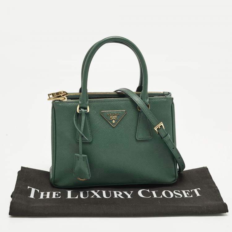 Pre Owned Prada Galleria Double Zip Small Green Saffiano Lux Leather Tote