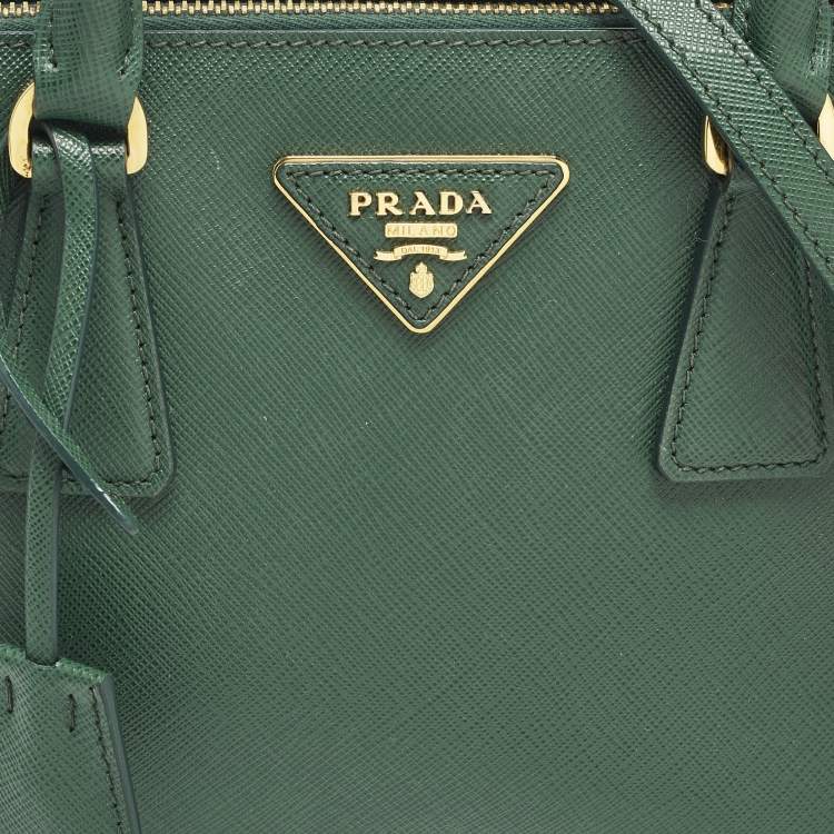 Pre Owned Prada Galleria Double Zip Small Green Saffiano Lux Leather Tote